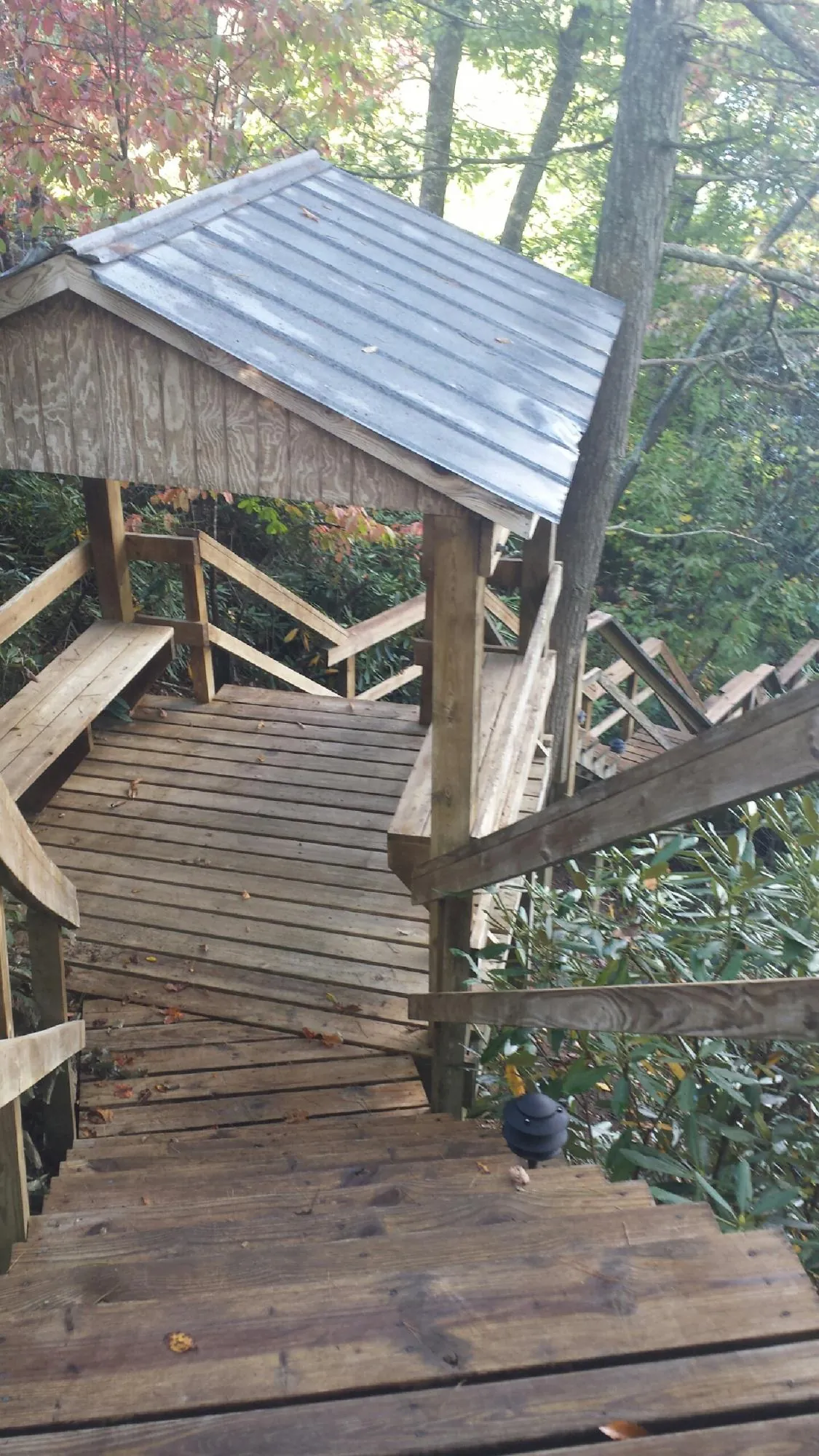 Metal roofed shelter over wooden steps on a wooded walkway — Skylight Repair & Installation work by our crew in Altamonte Springs